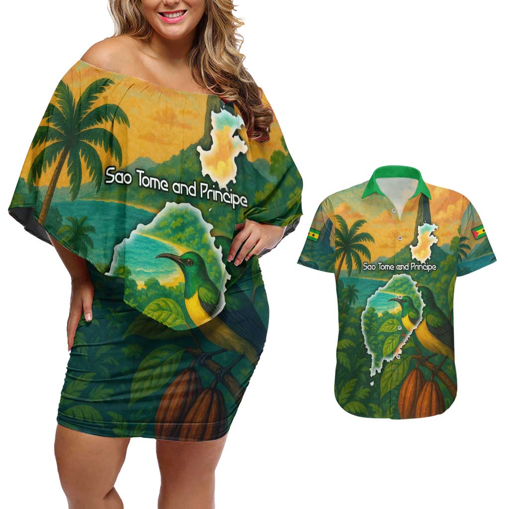 Sao Tome and Principe Tropical Island Couples Matching Off Shoulder Short Dress and Hawaiian Shirt with Bird and Cocoa Forest Print