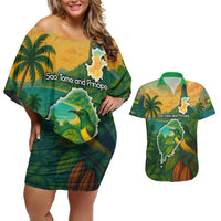 Sao Tome and Principe Tropical Island Couples Matching Off Shoulder Short Dress and Hawaiian Shirt with Bird and Cocoa Forest Print