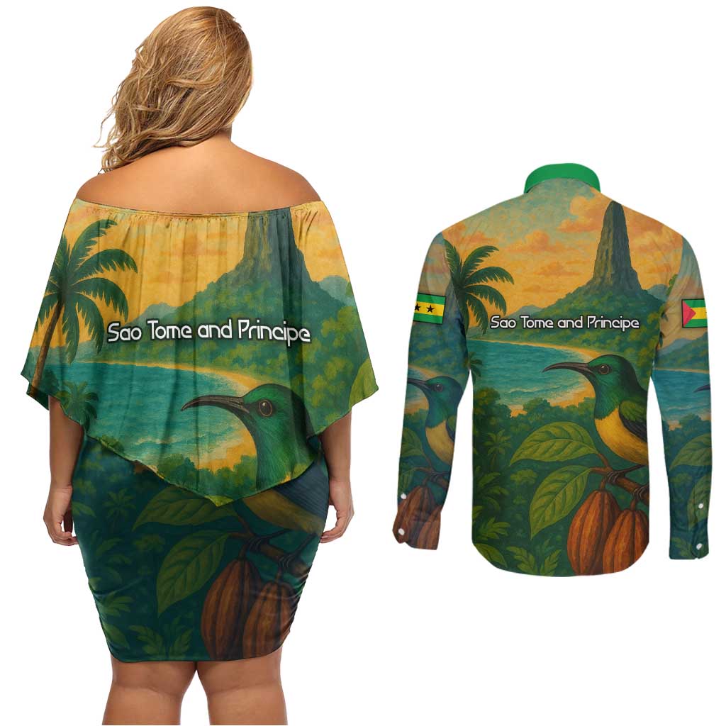 Sao Tome and Principe Tropical Island Couples Matching Off Shoulder Short Dress and Long Sleeve Button Shirt with Bird and Cocoa Forest Print
