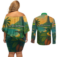 Sao Tome and Principe Tropical Island Couples Matching Off Shoulder Short Dress and Long Sleeve Button Shirt with Bird and Cocoa Forest Print