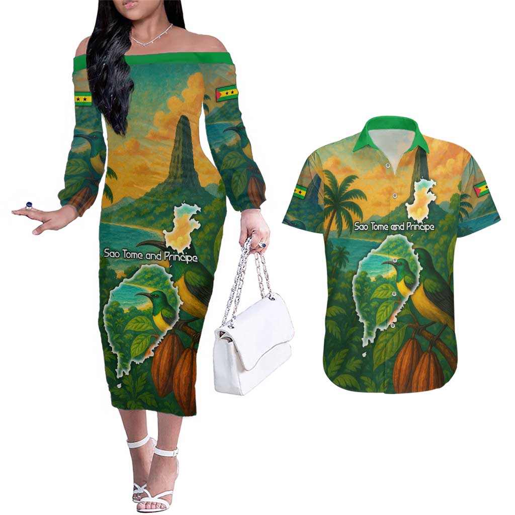 Sao Tome and Principe Tropical Island Couples Matching Off The Shoulder Long Sleeve Dress and Hawaiian Shirt with Bird and Cocoa Forest Print
