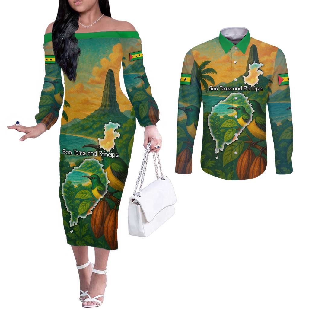 Sao Tome and Principe Tropical Island Couples Matching Off The Shoulder Long Sleeve Dress and Long Sleeve Button Shirt with Bird and Cocoa Forest Print