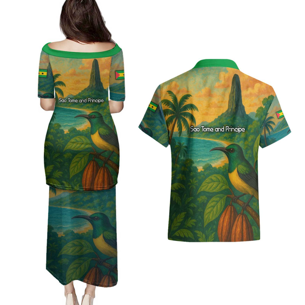 Sao Tome and Principe Tropical Island Couples Matching Puletasi and Hawaiian Shirt with Bird and Cocoa Forest Print