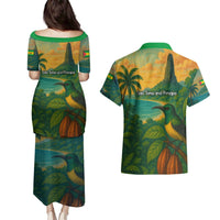 Sao Tome and Principe Tropical Island Couples Matching Puletasi and Hawaiian Shirt with Bird and Cocoa Forest Print