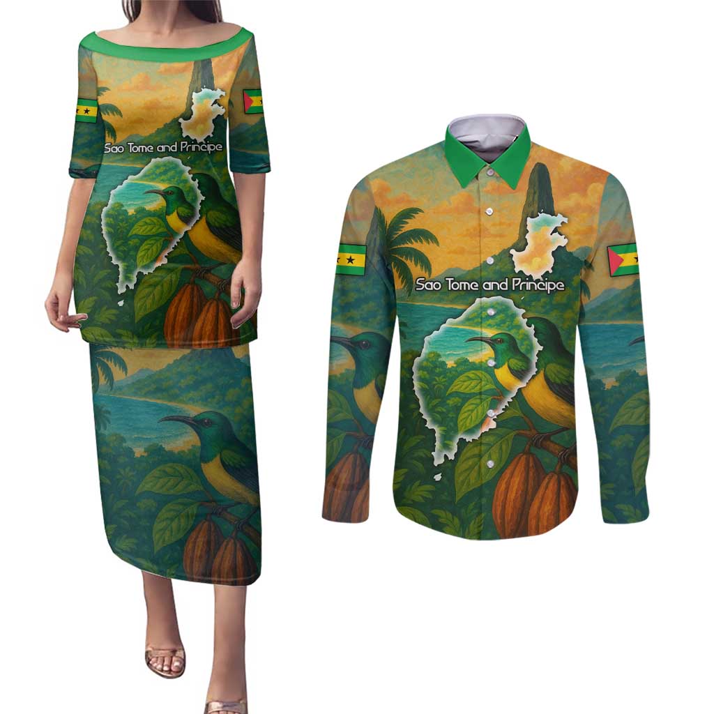 Sao Tome and Principe Tropical Island Couples Matching Puletasi and Long Sleeve Button Shirt with Bird and Cocoa Forest Print