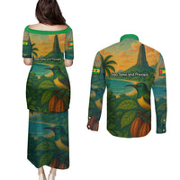 Sao Tome and Principe Tropical Island Couples Matching Puletasi and Long Sleeve Button Shirt with Bird and Cocoa Forest Print
