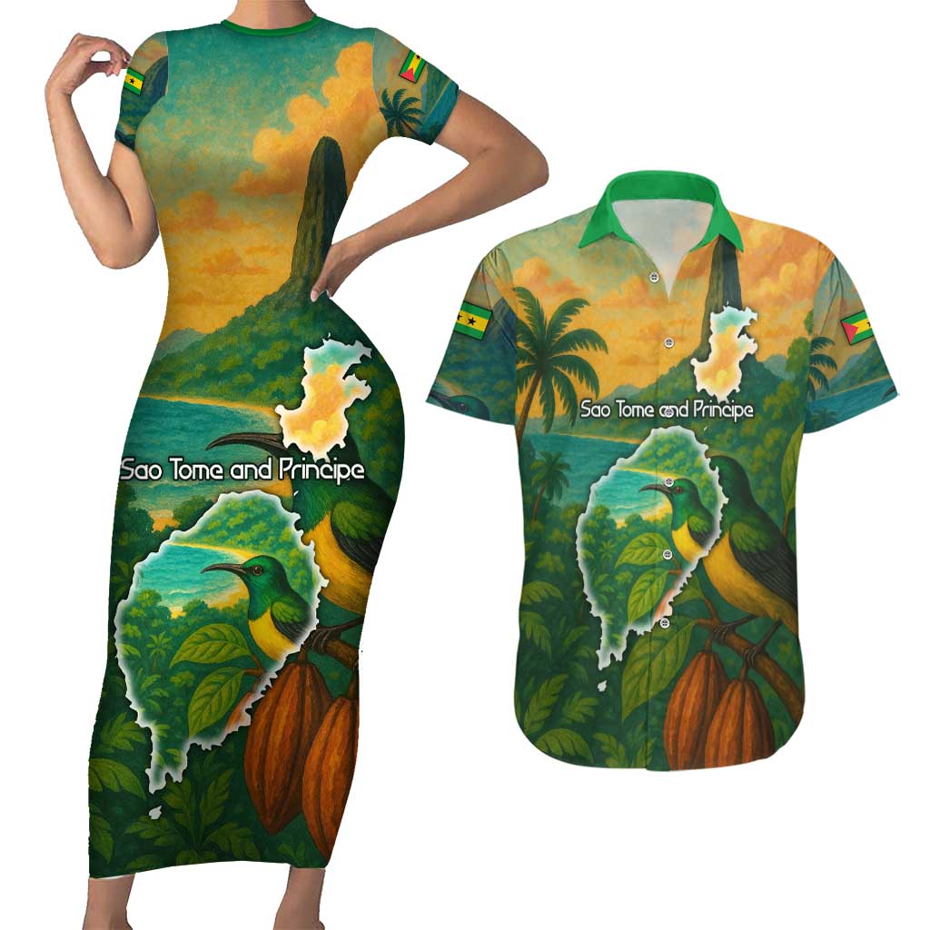Sao Tome and Principe Tropical Island Couples Matching Short Sleeve Bodycon Dress and Hawaiian Shirt with Bird and Cocoa Forest Print