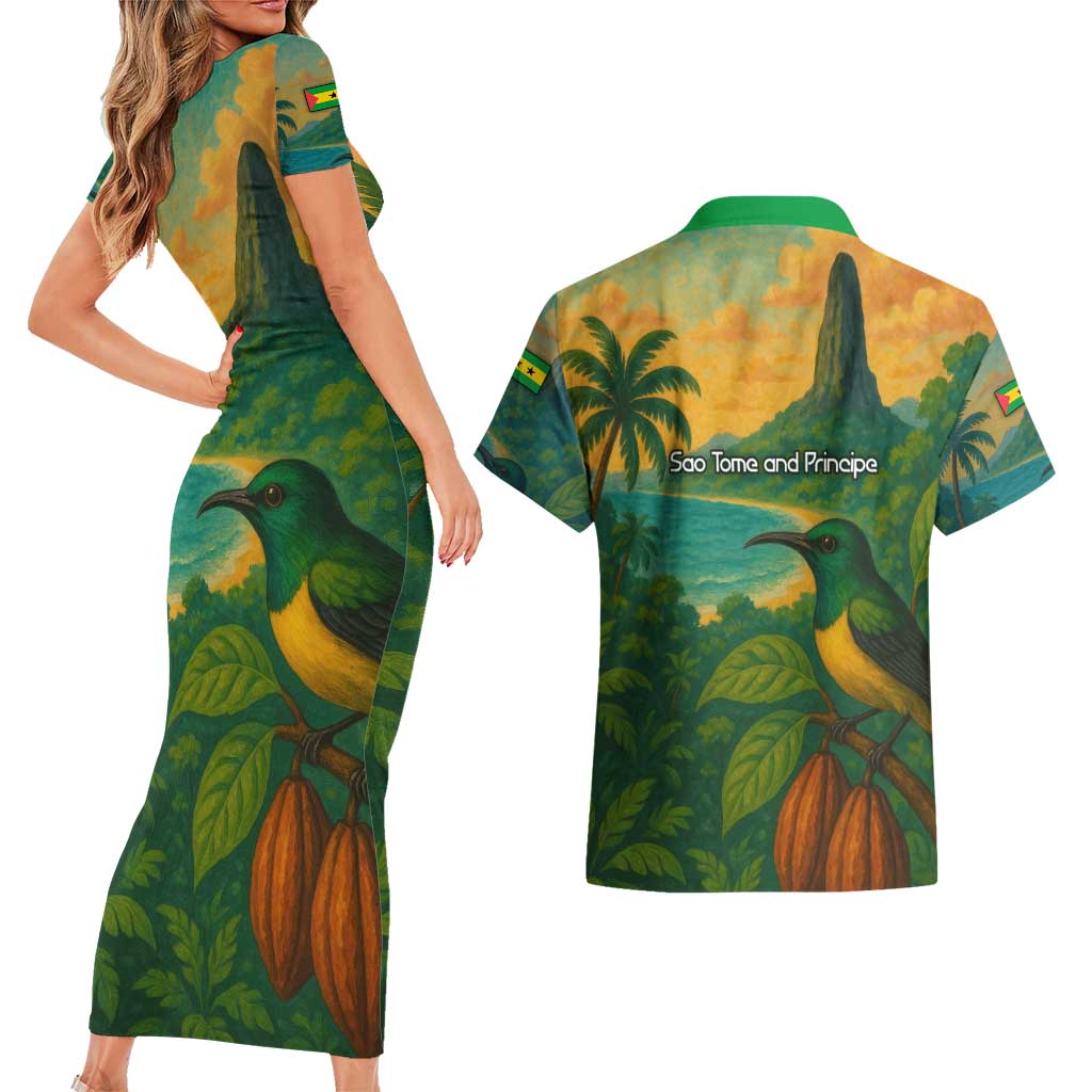 Sao Tome and Principe Tropical Island Couples Matching Short Sleeve Bodycon Dress and Hawaiian Shirt with Bird and Cocoa Forest Print