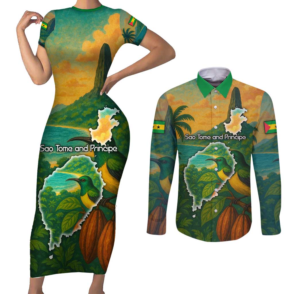 Sao Tome and Principe Tropical Island Couples Matching Short Sleeve Bodycon Dress and Long Sleeve Button Shirt with Bird and Cocoa Forest Print