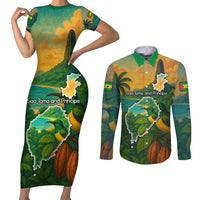Sao Tome and Principe Tropical Island Couples Matching Short Sleeve Bodycon Dress and Long Sleeve Button Shirt with Bird and Cocoa Forest Print