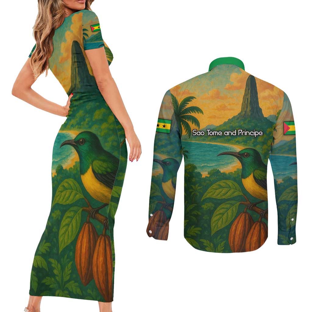 Sao Tome and Principe Tropical Island Couples Matching Short Sleeve Bodycon Dress and Long Sleeve Button Shirt with Bird and Cocoa Forest Print