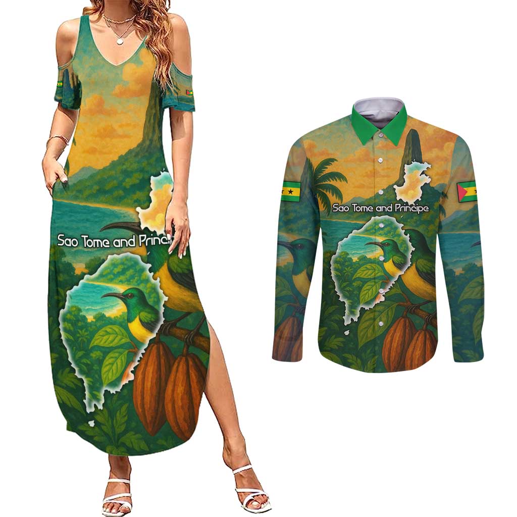 Sao Tome and Principe Tropical Island Couples Matching Summer Maxi Dress and Long Sleeve Button Shirt with Bird and Cocoa Forest Print