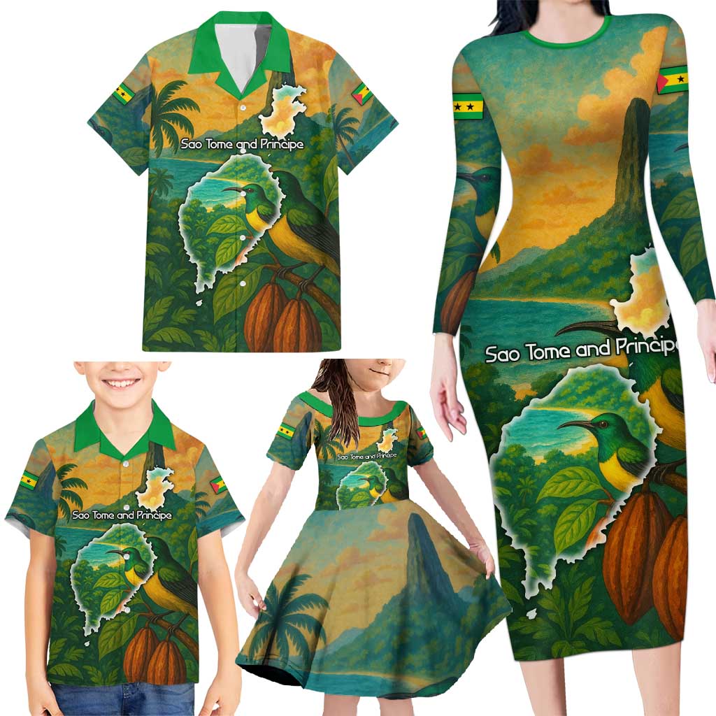 Sao Tome and Principe Tropical Island Family Matching Long Sleeve Bodycon Dress and Hawaiian Shirt with Bird and Cocoa Forest Print
