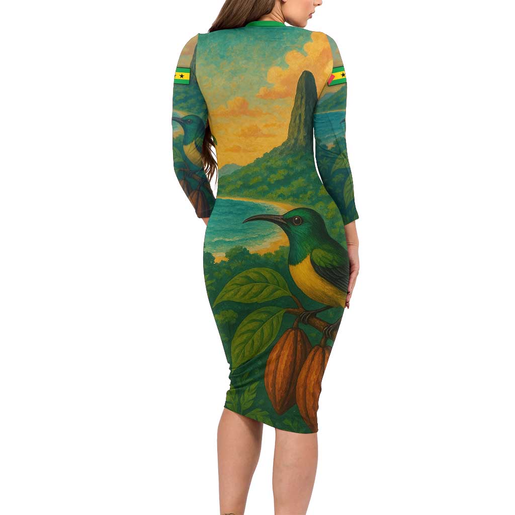Sao Tome and Principe Tropical Island Family Matching Long Sleeve Bodycon Dress and Hawaiian Shirt with Bird and Cocoa Forest Print
