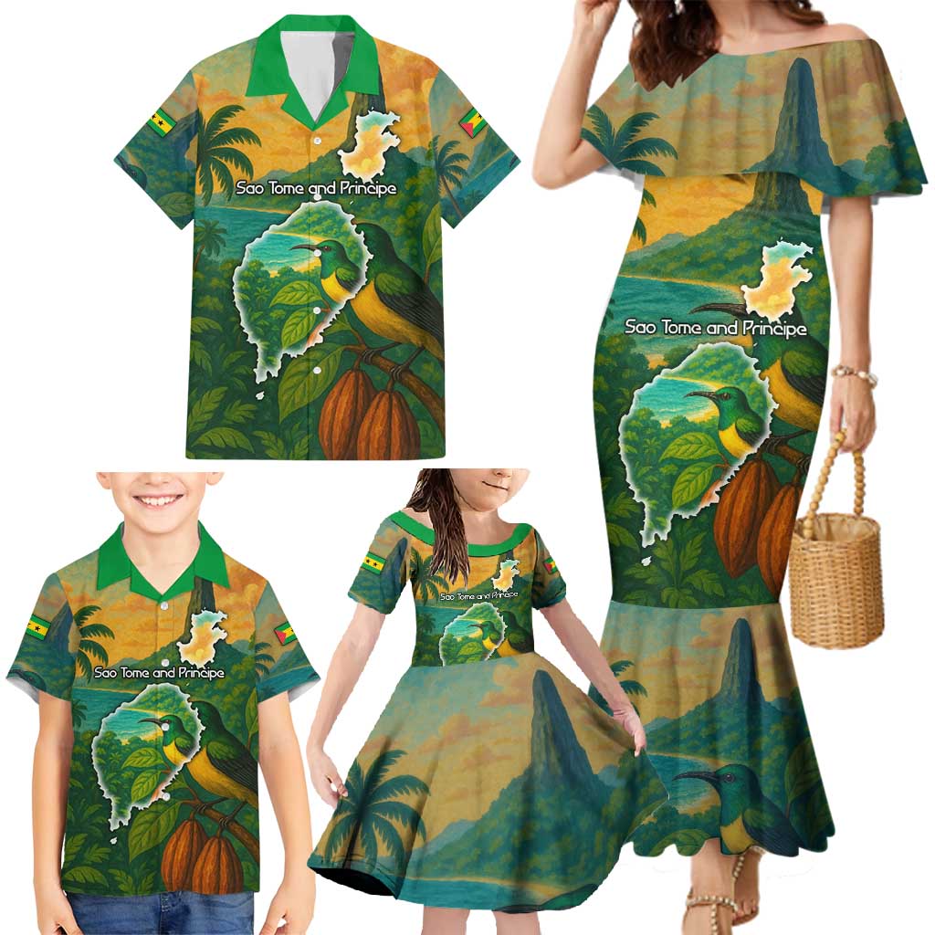 Sao Tome and Principe Tropical Island Family Matching Mermaid Dress and Hawaiian Shirt with Bird and Cocoa Forest Print