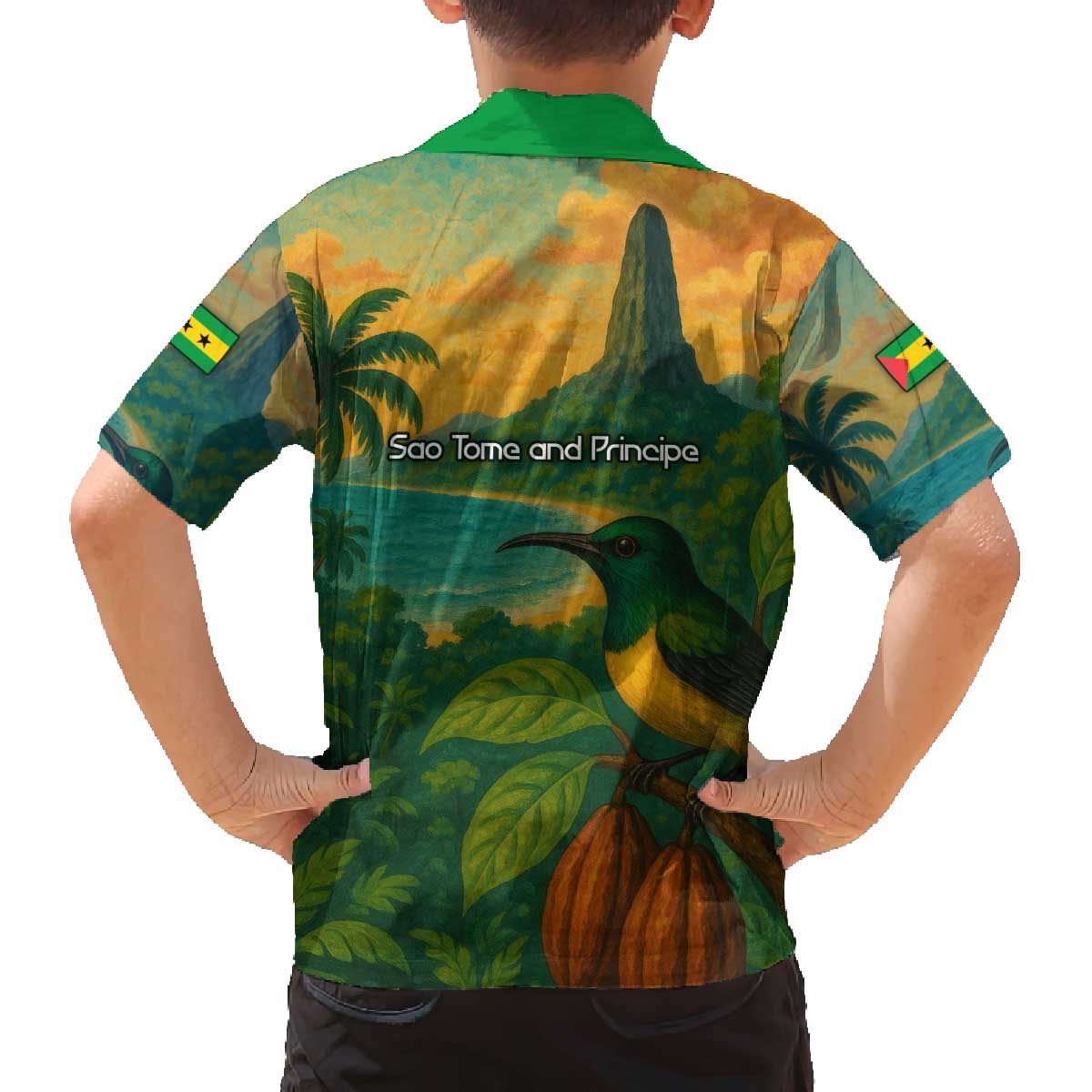 Sao Tome and Principe Tropical Island Family Matching Off The Shoulder Long Sleeve Dress and Hawaiian Shirt with Bird and Cocoa Forest Print