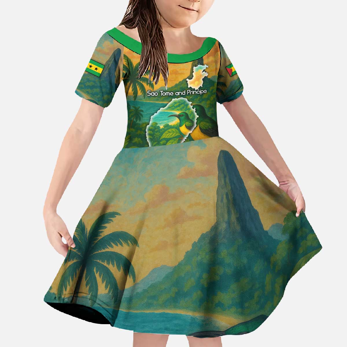 Sao Tome and Principe Tropical Island Family Matching Off The Shoulder Long Sleeve Dress and Hawaiian Shirt with Bird and Cocoa Forest Print