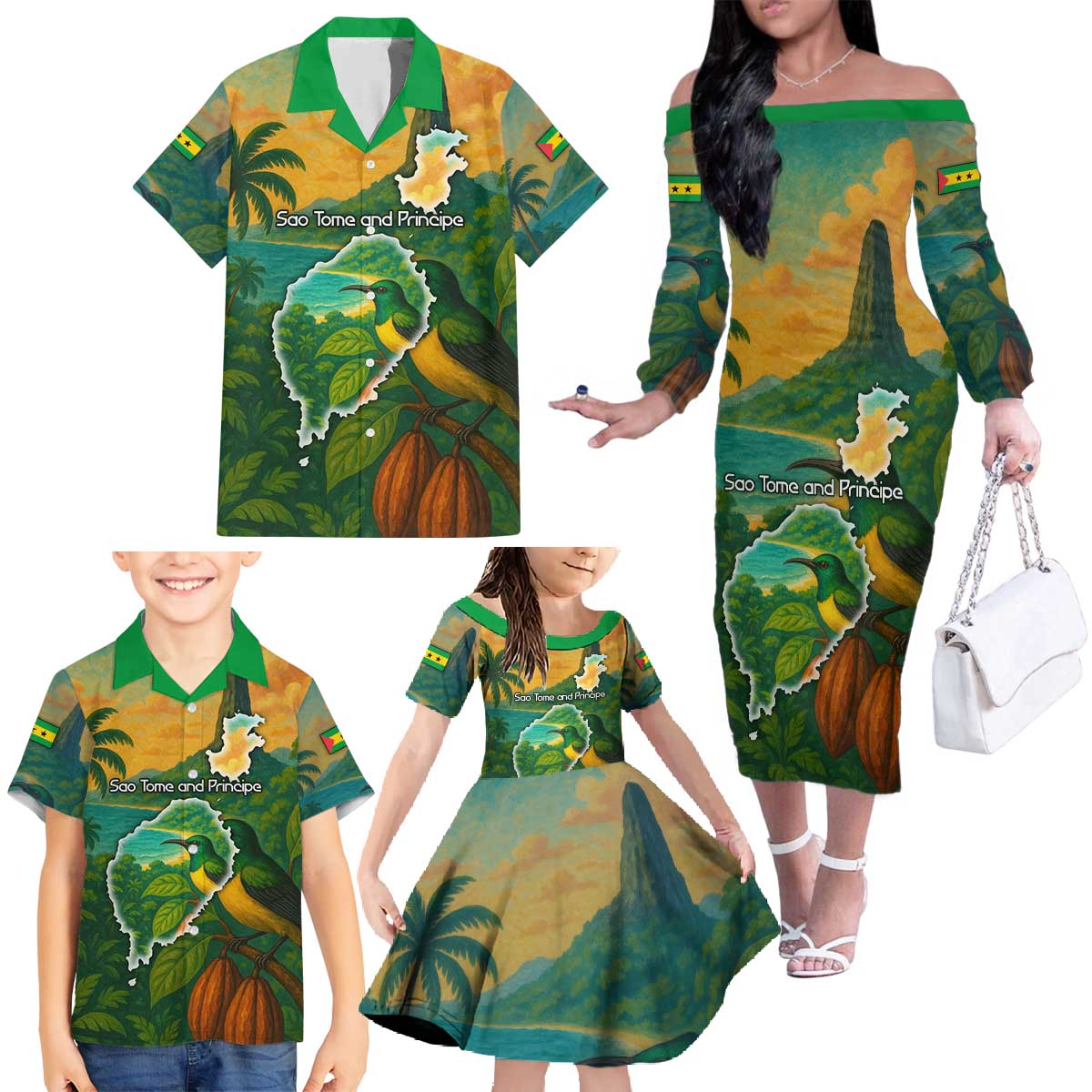 Sao Tome and Principe Tropical Island Family Matching Off The Shoulder Long Sleeve Dress and Hawaiian Shirt with Bird and Cocoa Forest Print