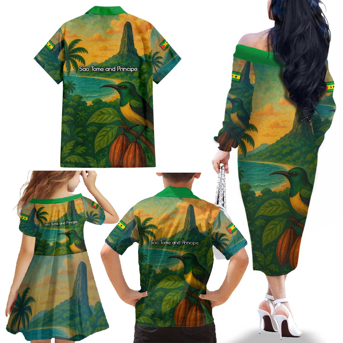 Sao Tome and Principe Tropical Island Family Matching Off The Shoulder Long Sleeve Dress and Hawaiian Shirt with Bird and Cocoa Forest Print