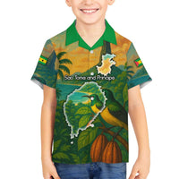 Sao Tome and Principe Tropical Island Family Matching Off The Shoulder Long Sleeve Dress and Hawaiian Shirt with Bird and Cocoa Forest Print