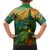 Sao Tome and Principe Tropical Island Family Matching Off Shoulder Maxi Dress and Hawaiian Shirt with Bird and Cocoa Forest Print