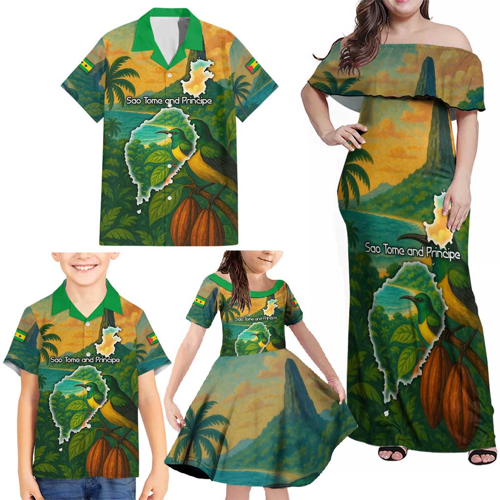 Sao Tome and Principe Tropical Island Family Matching Off Shoulder Maxi Dress and Hawaiian Shirt with Bird and Cocoa Forest Print