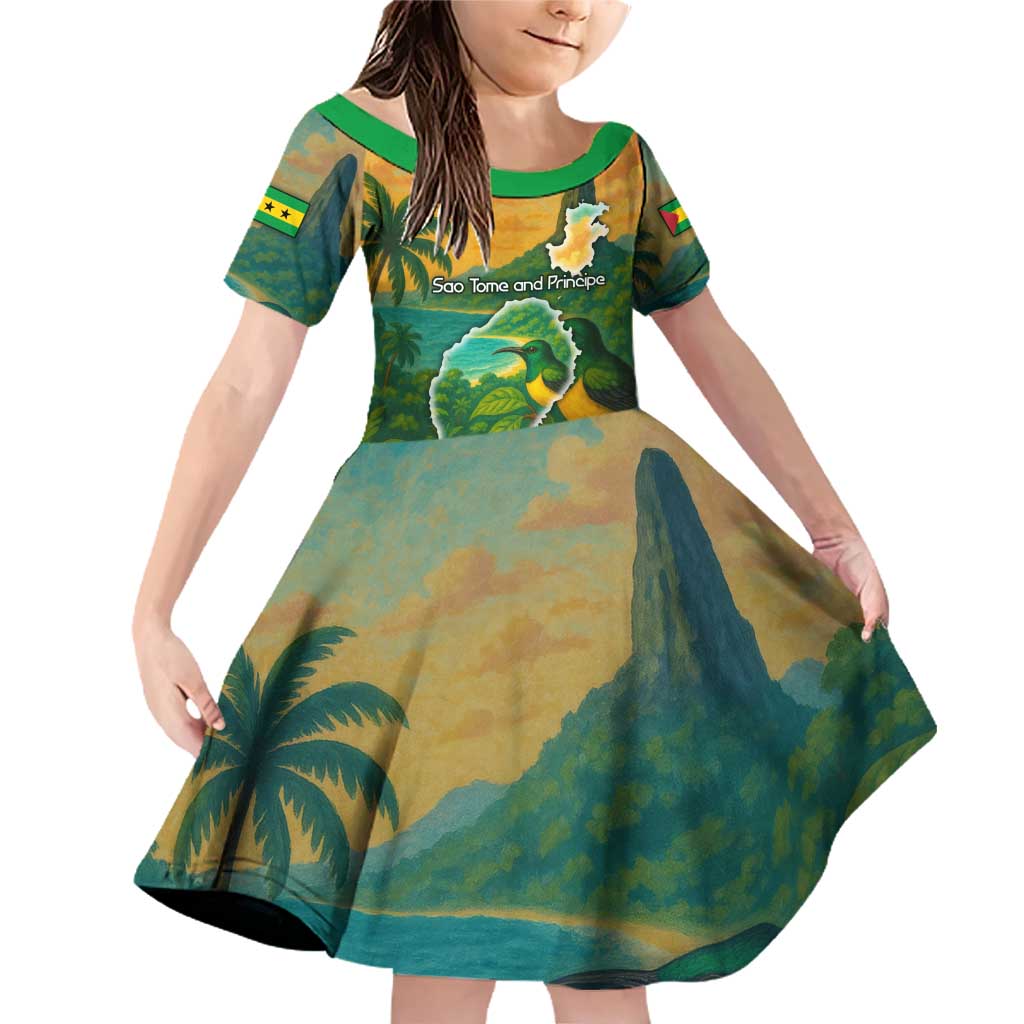 Sao Tome and Principe Tropical Island Family Matching Off Shoulder Short Dress and Hawaiian Shirt with Bird and Cocoa Forest Print