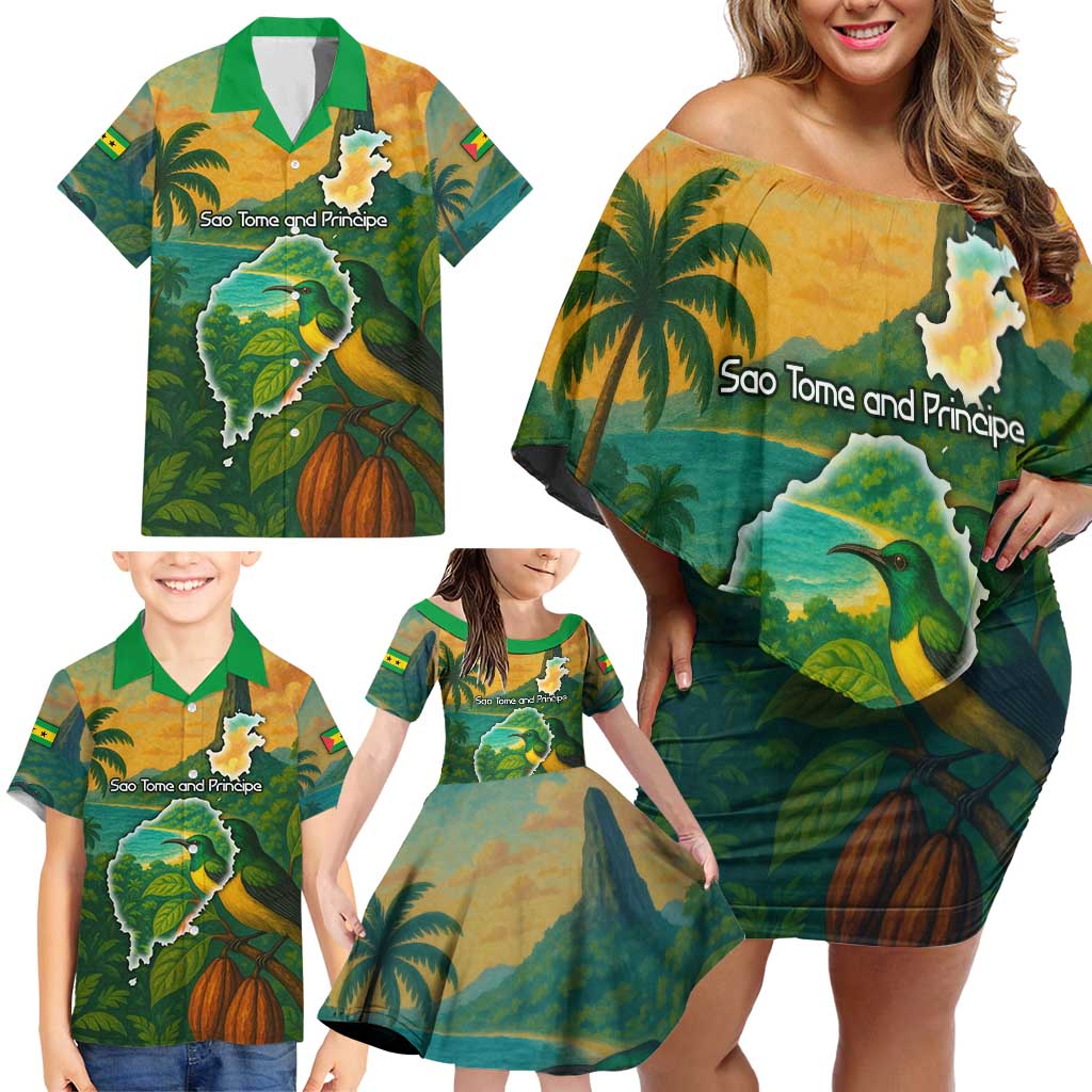 Sao Tome and Principe Tropical Island Family Matching Off Shoulder Short Dress and Hawaiian Shirt with Bird and Cocoa Forest Print