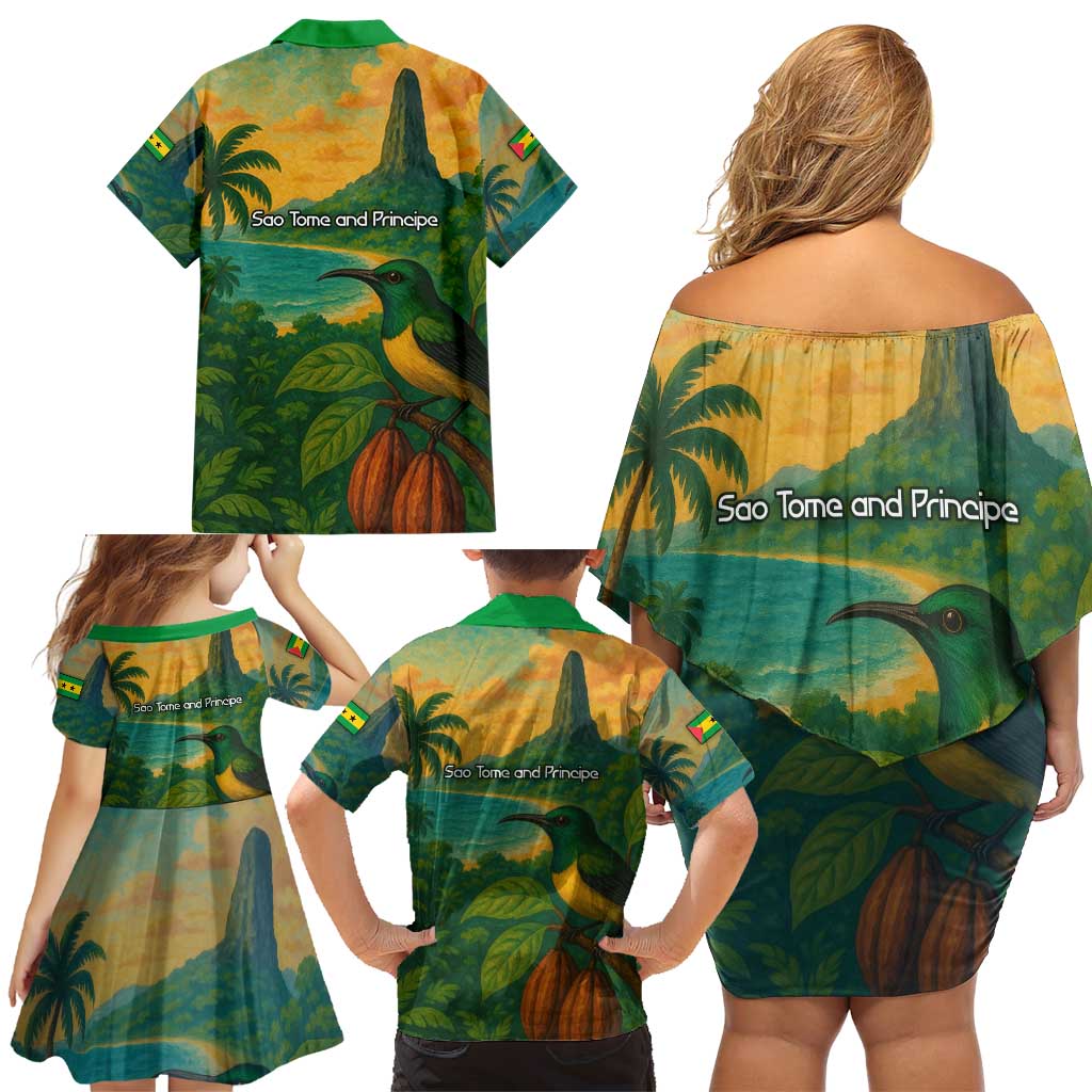 Sao Tome and Principe Tropical Island Family Matching Off Shoulder Short Dress and Hawaiian Shirt with Bird and Cocoa Forest Print
