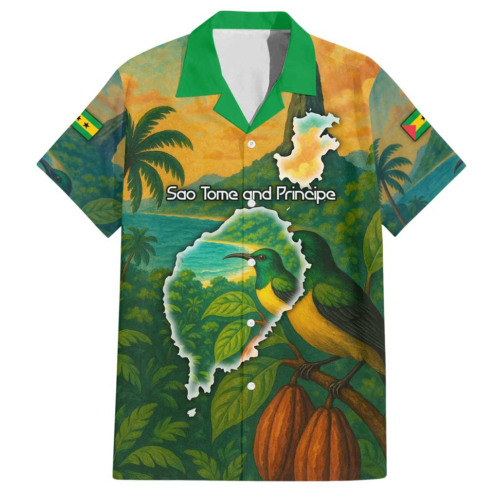Sao Tome and Principe Tropical Island Family Matching Off Shoulder Short Dress and Hawaiian Shirt with Bird and Cocoa Forest Print