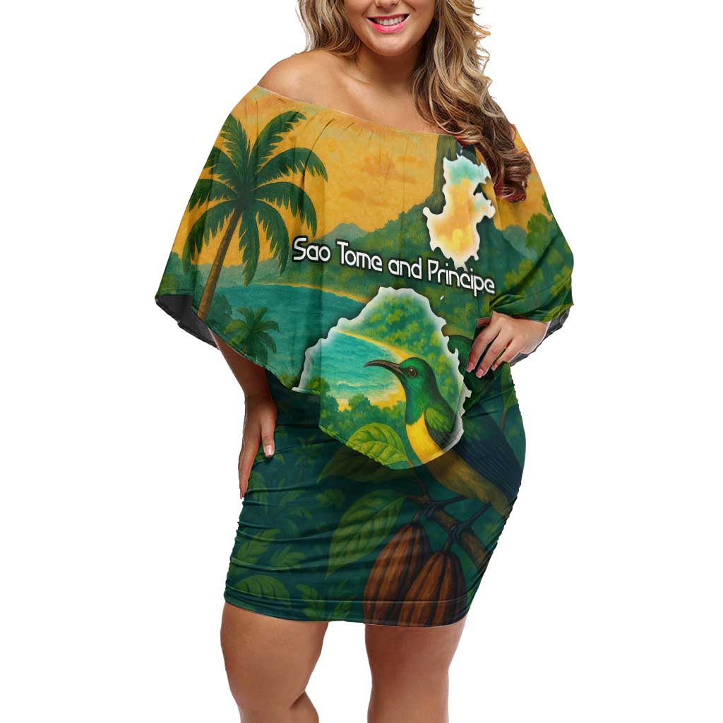 Sao Tome and Principe Tropical Island Family Matching Off Shoulder Short Dress and Hawaiian Shirt with Bird and Cocoa Forest Print