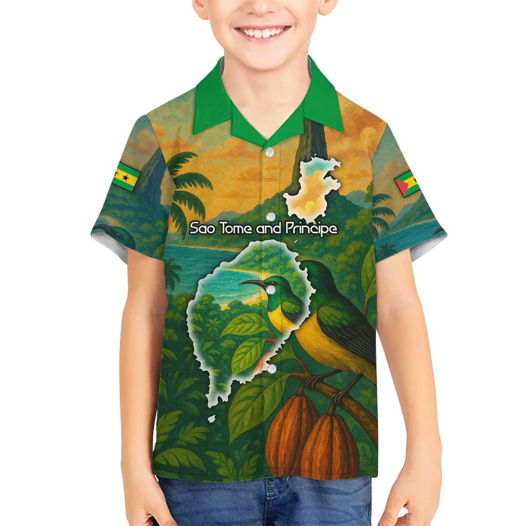 Sao Tome and Principe Tropical Island Family Matching Off Shoulder Short Dress and Hawaiian Shirt with Bird and Cocoa Forest Print