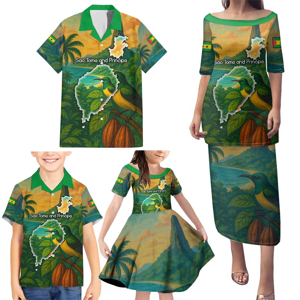Sao Tome and Principe Tropical Island Family Matching Puletasi and Hawaiian Shirt with Bird and Cocoa Forest Print