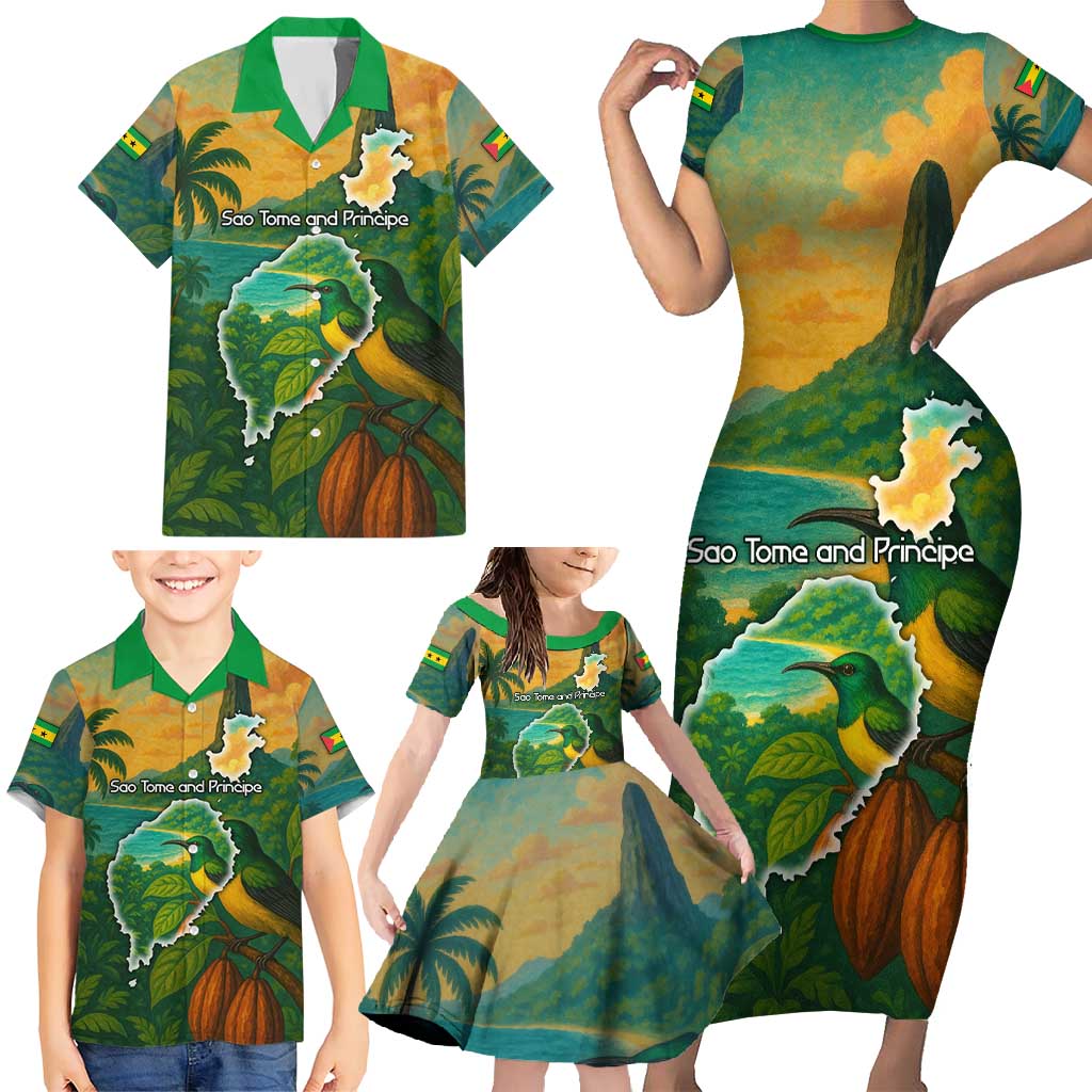 Sao Tome and Principe Tropical Island Family Matching Short Sleeve Bodycon Dress and Hawaiian Shirt with Bird and Cocoa Forest Print