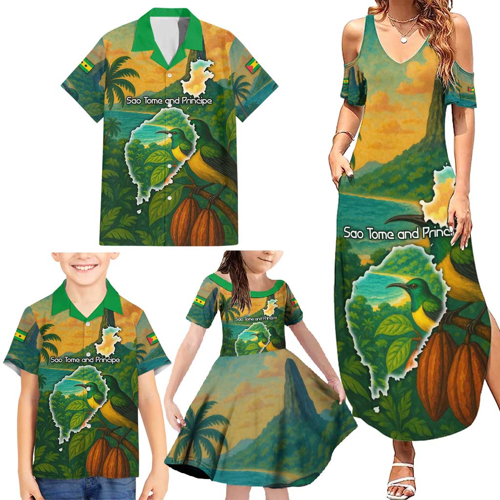 Sao Tome and Principe Tropical Island Family Matching Summer Maxi Dress and Hawaiian Shirt with Bird and Cocoa Forest Print