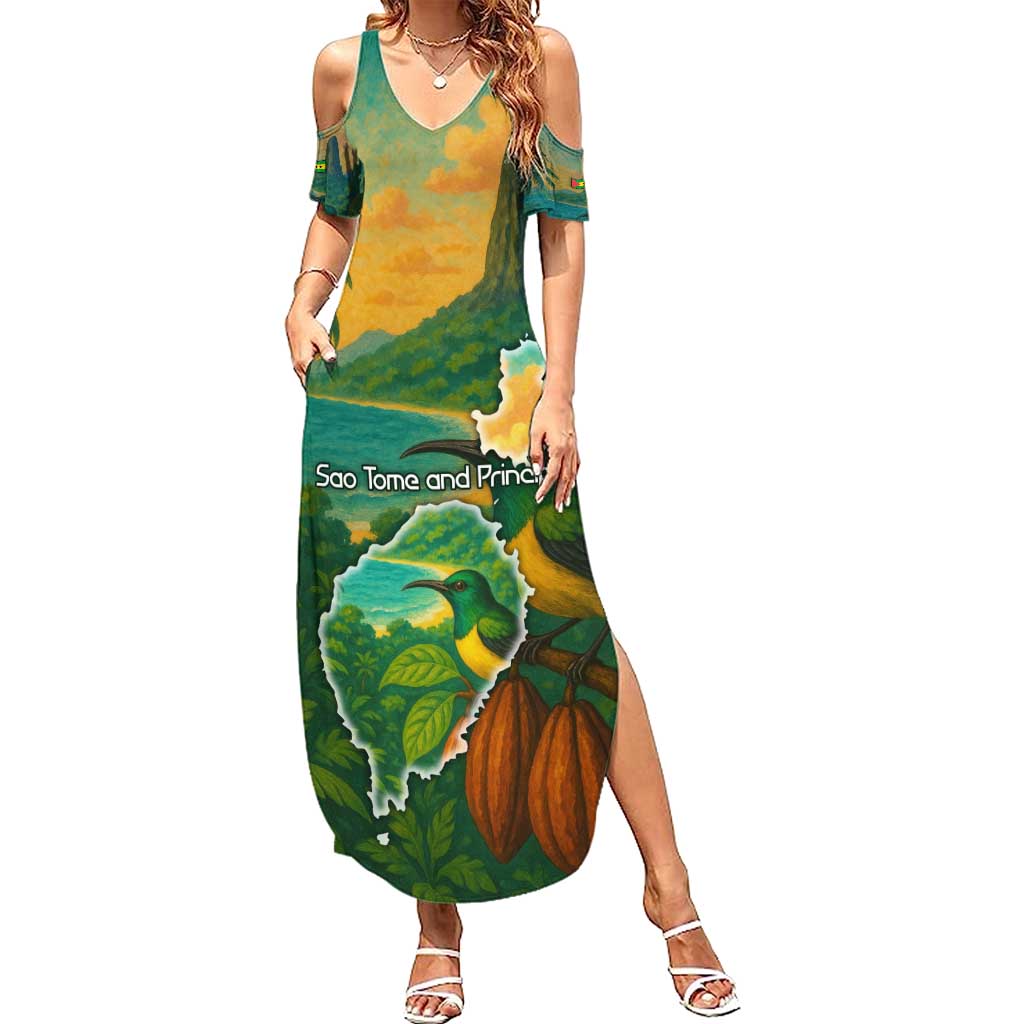 Sao Tome and Principe Tropical Island Family Matching Summer Maxi Dress and Hawaiian Shirt with Bird and Cocoa Forest Print