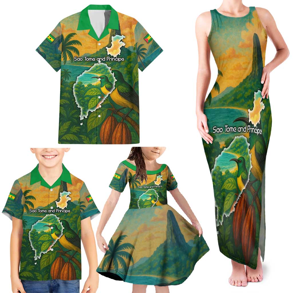Sao Tome and Principe Tropical Island Family Matching Tank Maxi Dress and Hawaiian Shirt with Bird and Cocoa Forest Print