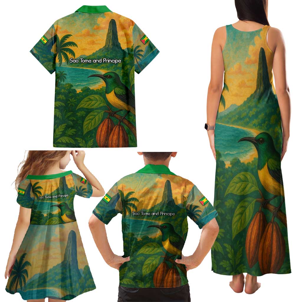 Sao Tome and Principe Tropical Island Family Matching Tank Maxi Dress and Hawaiian Shirt with Bird and Cocoa Forest Print