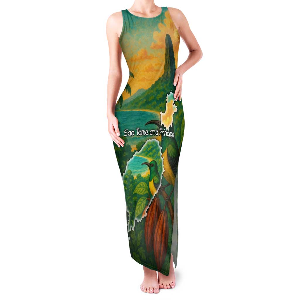 Sao Tome and Principe Tropical Island Family Matching Tank Maxi Dress and Hawaiian Shirt with Bird and Cocoa Forest Print