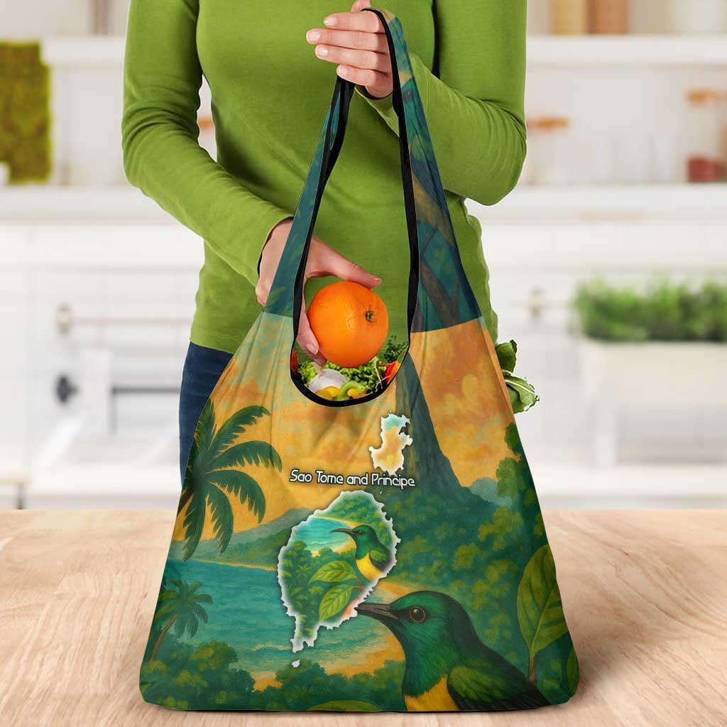 Sao Tome and Principe Tropical Island Grocery Bag with Bird and Cocoa Forest Print