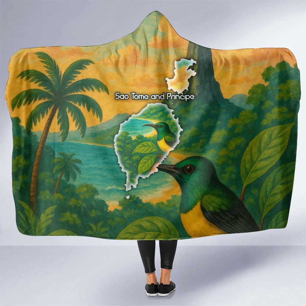 Sao Tome and Principe Tropical Island Hooded Blanket with Bird and Cocoa Forest Print