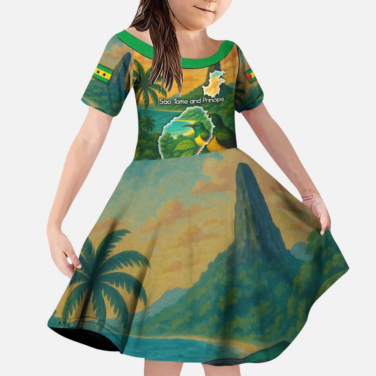 Sao Tome and Principe Tropical Island Kid Short Sleeve Dress with Bird and Cocoa Forest Print
