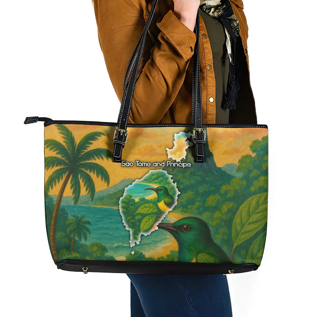 Sao Tome and Principe Tropical Island Leather Tote Bag with Bird and Cocoa Forest Print