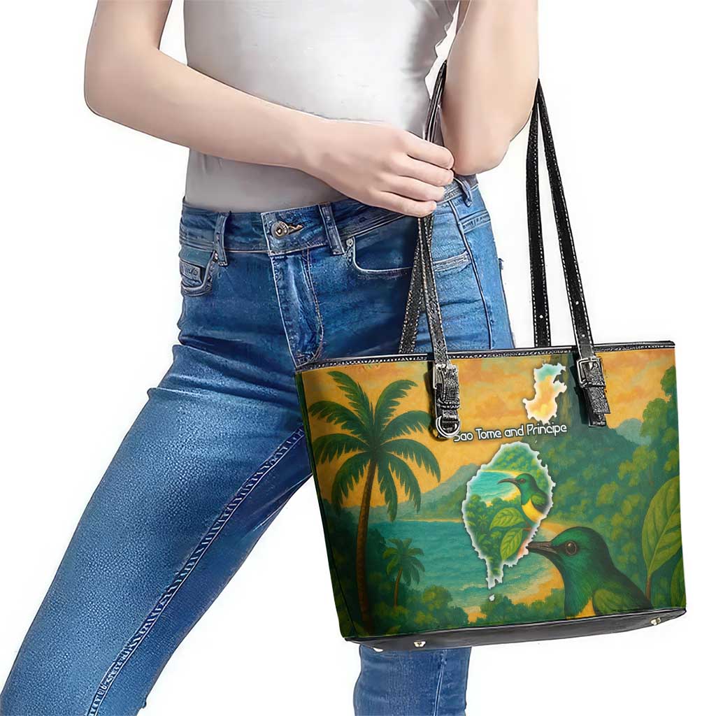 Sao Tome and Principe Tropical Island Leather Tote Bag with Bird and Cocoa Forest Print