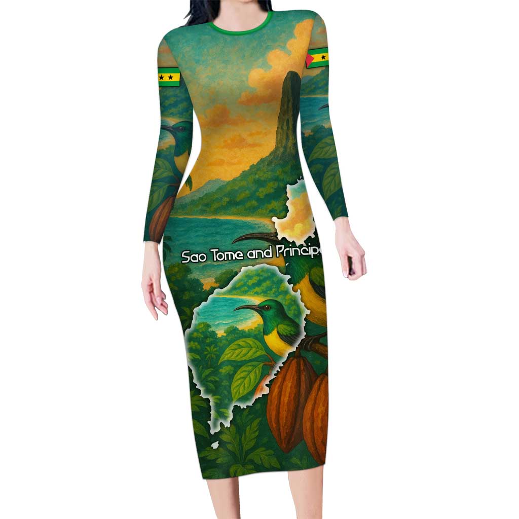 Sao Tome and Principe Tropical Island Long Sleeve Bodycon Dress with Bird and Cocoa Forest Print