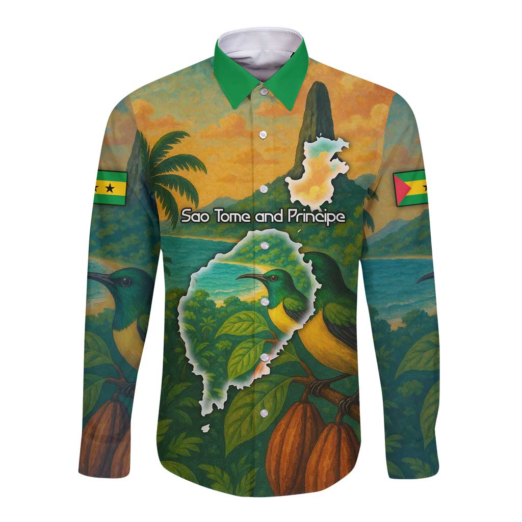 Sao Tome and Principe Tropical Island Long Sleeve Button Shirt with Bird and Cocoa Forest Print
