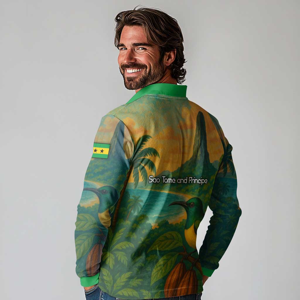 Sao Tome and Principe Tropical Island Long Sleeve Polo Shirt with Bird and Cocoa Forest Print