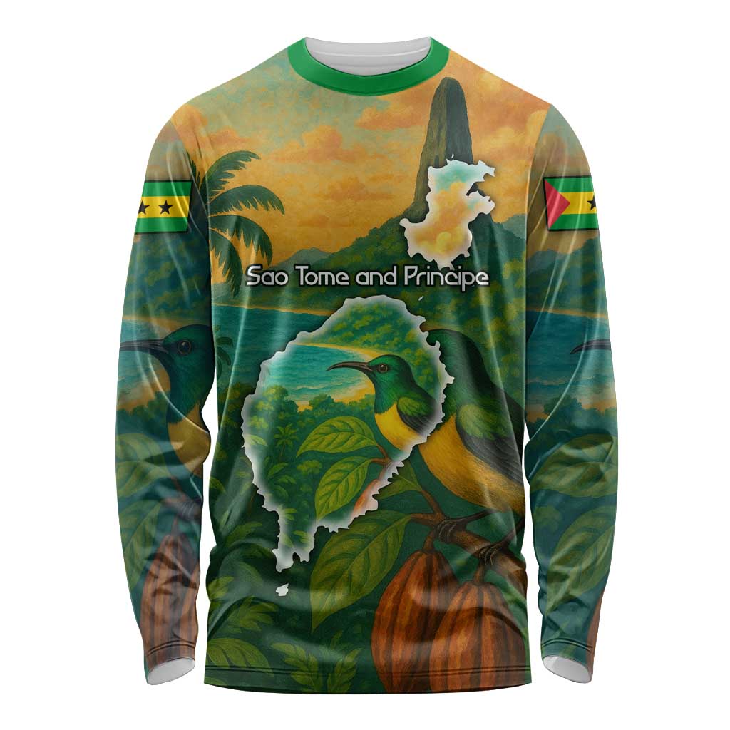 Sao Tome and Principe Tropical Island Long Sleeve Shirt with Bird and Cocoa Forest Print