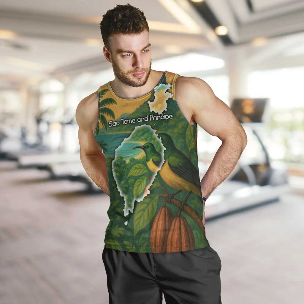 Sao Tome and Principe Tropical Island Men Tank Top with Bird and Cocoa Forest Print