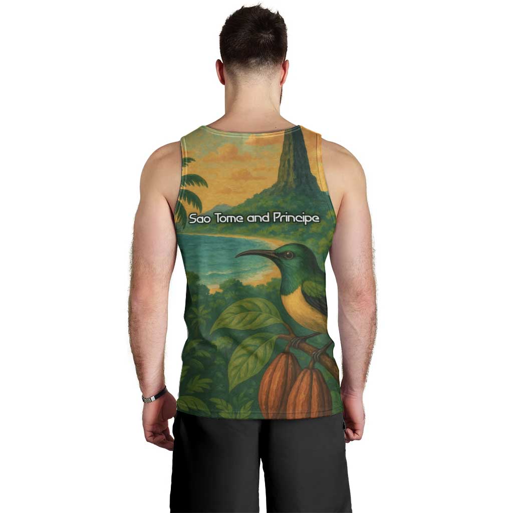 Sao Tome and Principe Tropical Island Men Tank Top with Bird and Cocoa Forest Print